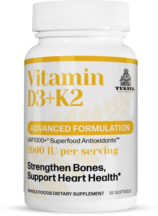 Turner Vitamin D3 (2000IU) Plus K2 (80mcg), 2 in 1 Formula, Vitamin D3 Liquid with Vitamin K2, 60 Soft-Gels, Support Heart, Teeth & Joint Health, Easy to Swallow - Image 1