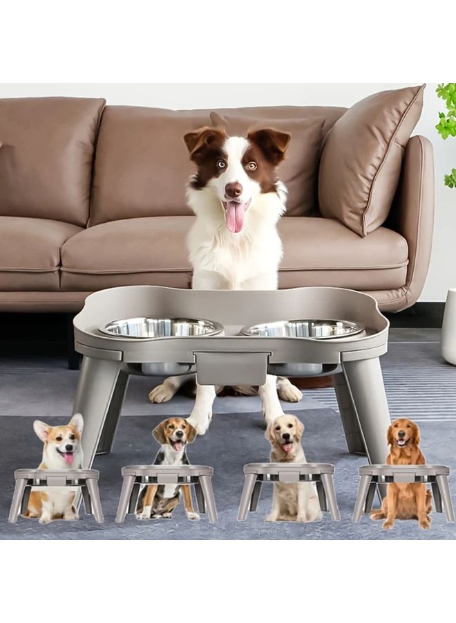 Elevated Anti Vomiting Pet Bowls For Cats And Dogs 2 Stainless Steel Bowls Ergonomic Design Adjustable Height Food And Water Indoor Use Gray Base - Image 2