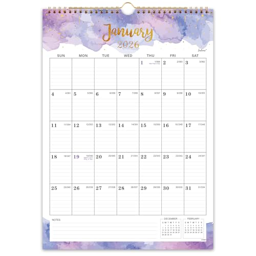 Indeme 2026 Calendar - 2026 Wall Calendar - Large Calendar 2026, 12" x 17", Jan 2026 - Dec 2026, Twin-Wire Binding, Hanging Hook, Blocks and Julian Dates - Colorful Waterink - Image 1