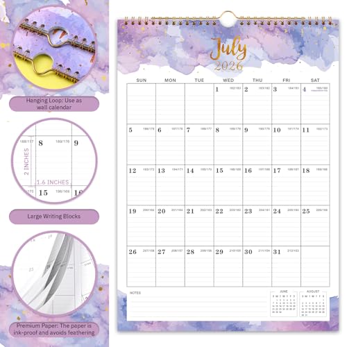 Indeme 2026 Calendar - 2026 Wall Calendar - Large Calendar 2026, 12" x 17", Jan 2026 - Dec 2026, Twin-Wire Binding, Hanging Hook, Blocks and Julian Dates - Colorful Waterink - Image 3