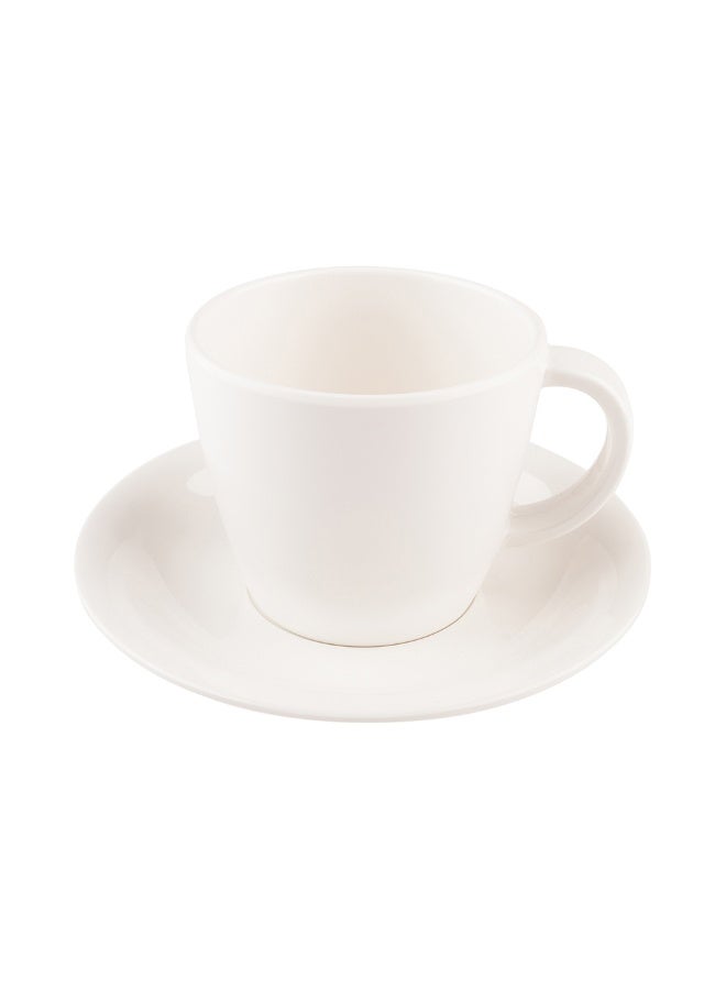 Restaurantware Voga 10 Ounce Tea Cups With Saucers, 10 Premium Coffee Cups With Saucers - Top Rack Dishwashable, Serve Lattes, Mochas, Or Teas, White Melamine Cups With Saucers, For Homes or Cafes  - Image 1