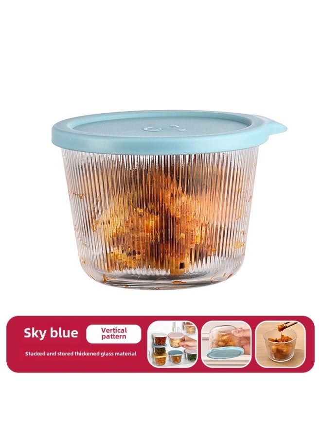 Microwave Oven Special Round Fresh-keeping Box High Borosilicate Glass Pickle Sealed Jar Refrigerator Fruit And Vegetable Storage Jar-Specifications:Sky Blue Vertical Pattern Pickled Jar  - Image 1
