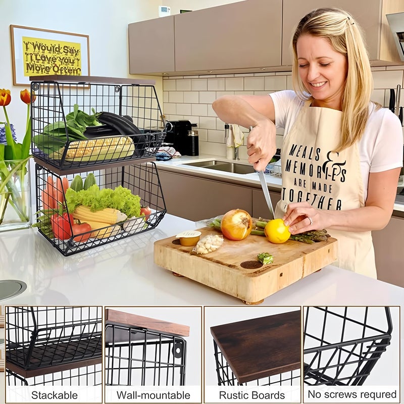 FOREENIU Hanging Kitchen Basket Wire Basket with Wood Lid,2-Pack Stackable Wall Mounted Countertop Kitchen Counter Organizer for Snack, Fruit and Vegetable Storage,Wall Mounted Produce Basket Storage - Image 2