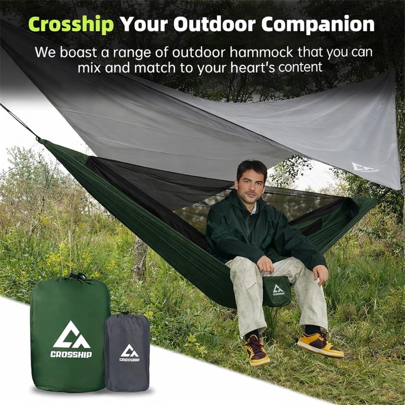 CROSSHIP Camping Hammock with Mosquito Net and RainFly Tarp - 2 Person Hammock, Portable Parachute Nylon Hammock for Outdoor, Hiking, Backpacking, Backyard, Travel (Up to 500lbs) - Forest Green - Image 4