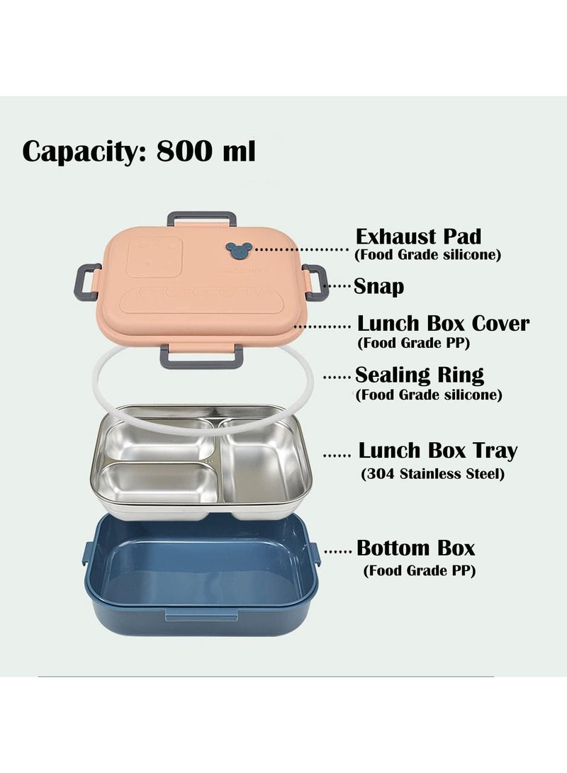 TOMSHOO Lunch Box for Kids Adults, 800ml Bento Lunch Box with Stainless Steel Lunch Containers Tray 3-Compartment, Leak-proof Bento Boxes for Kids Food Snack Containers for School Outdoors (Pink)  - Image 2