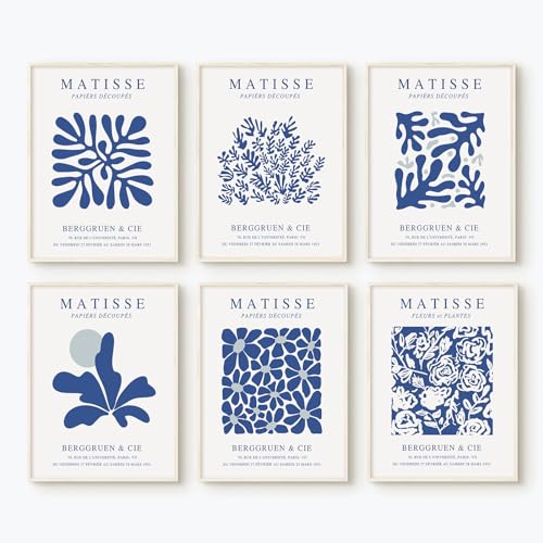 Baccone Blue Matisse Wall Art Prints Set of 6 Abstract Aesthetic Canvas Decor Trendy Henri Matisse Wall Art Poster Navy Blue Artwork Flower Market Minimalist Pictures for Room Bedroom 12x16 Inch Unframed - Image 1