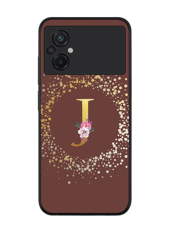 Stylizedd Rugged Black edge case for Xiaomi Poco M5 Slim fit Soft Case Flexible Rubber Edges TPU Gel Thin Cover - Custom Monogram Initial Letter Floral Pattern Alphabet - J (Brown) - Image 1