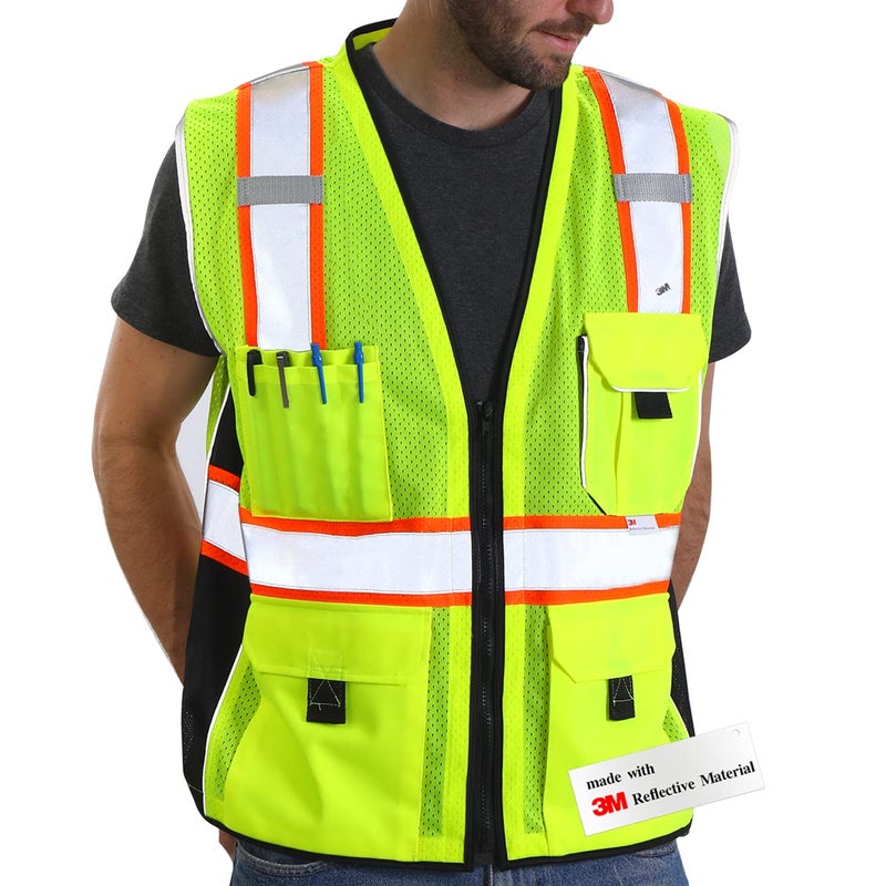 Dib Safety Reflective Vest Yellow Mesh High Visibility Vest with Pockets and Zipper ANSI Class 2 Heavy Duty Made with 3M Reflective Tape L