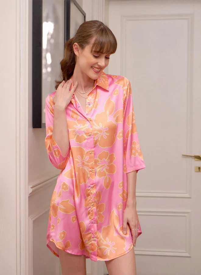 SASSAFRAS Floral Printed Satin Shirt Dress for Women