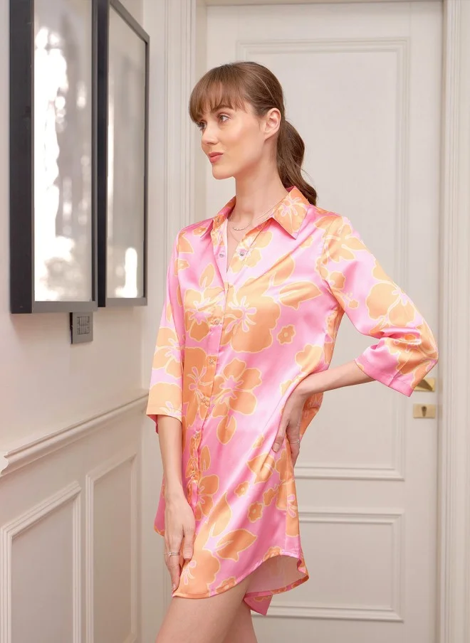 SASSAFRAS Floral Printed Satin Shirt Dress for Women