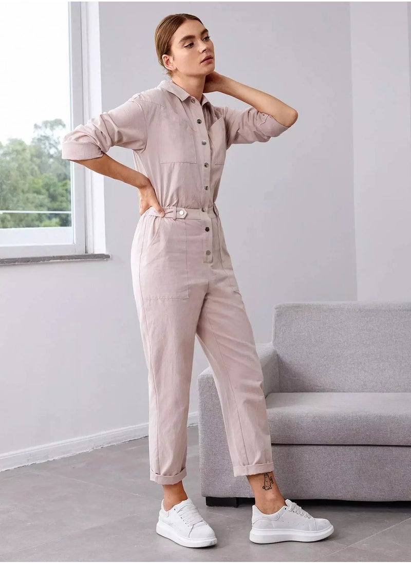 Button Placket Front Slant Patch Pocket Shirt Jumpsuit