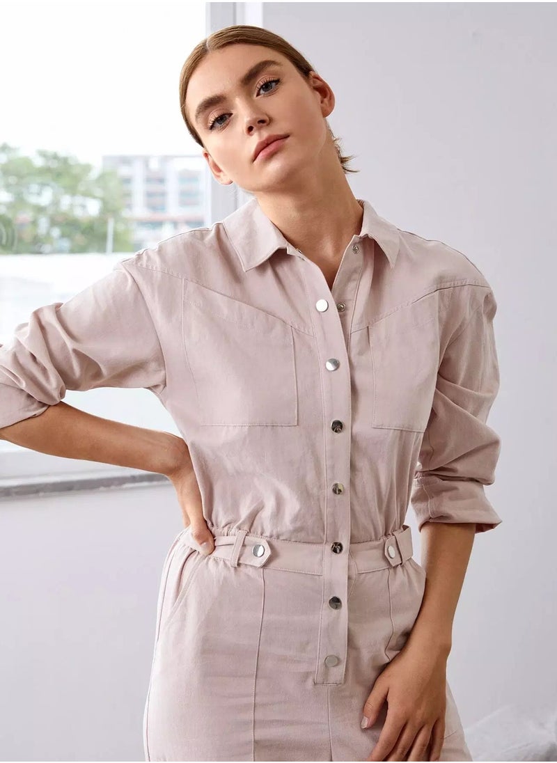 Button Placket Front Slant Patch Pocket Shirt Jumpsuit