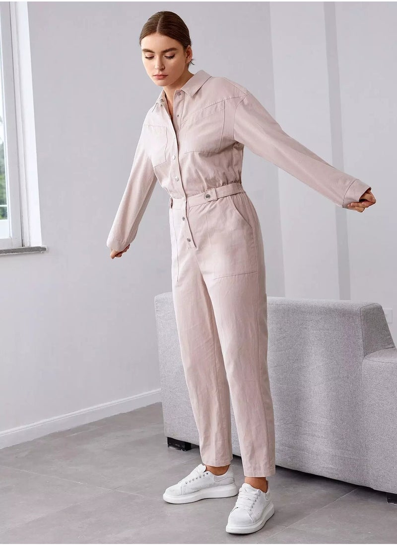 Button Placket Front Slant Patch Pocket Shirt Jumpsuit