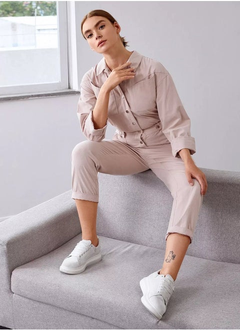 Button Placket Front Slant Patch Pocket Shirt Jumpsuit