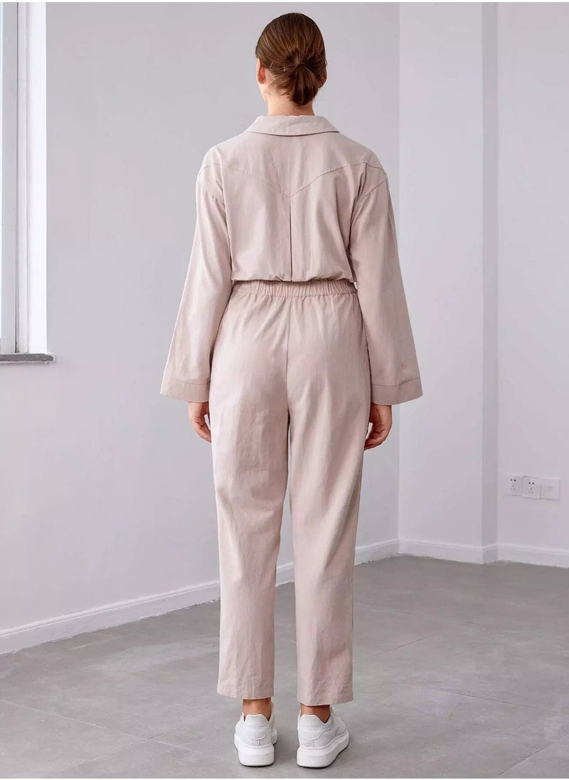 Button Placket Front Slant Patch Pocket Shirt Jumpsuit