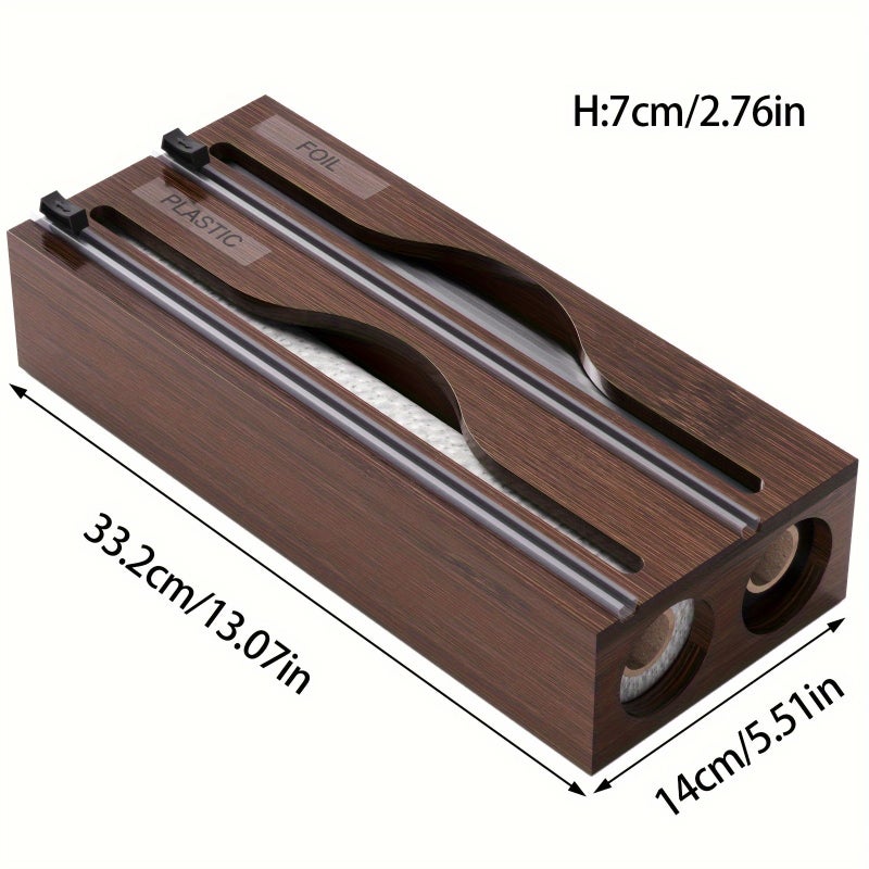 1pc 2 in 1 Wrap Dispenser with Cutter And Labels, Bamboo Plastic Wrap, Aluminum Foil And Wax Paper Dispenser for Kitchen Drawer, Bamboo Roll Organizer Holder, Black Wrap Dispenser, White Wrap Dispenser - Image 1