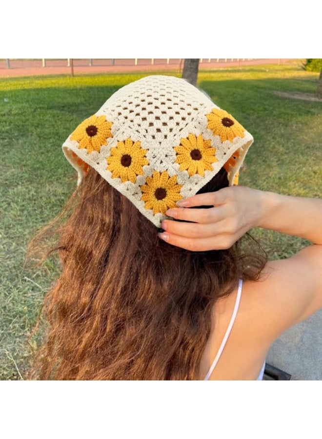 ChicAbode ربطة شعر كروشيه بنقشة زهور، طقم من قطعتين من أوشحة الرأس المزينة بزهور الأقحوان المربوطة بعقدة، ربطة رأس كلاسيكية محبوكة، للنساء والفتيات - Image 3