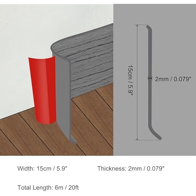 20FT X 6" BASEBOARD TRIM PEEL AND STICK FLEXIBLE MOLDING TRIMS, SELF ADHESIVE PVC WALL BASE COVE BASE BASEBOARDS FOR WALLS CORNER, DEEP GRAY WOOD GRAIN - Image 2