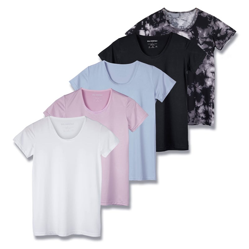 REALESSENTIALS Real Essentials Womens Quick Dry Fit Dri Fit Active Wear Yoga Workout Athletic Tops Running Gym Exercise Ladies Short Sleeve Crew Scoop Neck Moisture Wicking Tees T-Shirt, Set 16, XL, Pack of 5 - Image 1
