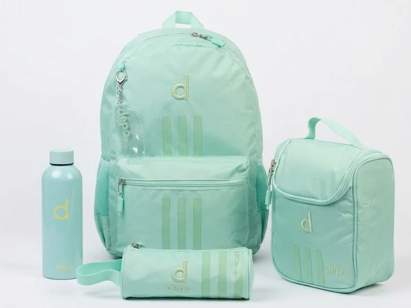 Depo DEPO Premium 4-Piece School Essentials Set – 44cm Water-Resistant Backpack, Insulated Lunch Bag, Pencil Case & 500ml Stainless Steel Water Bottle | Lightweight | Mint Green