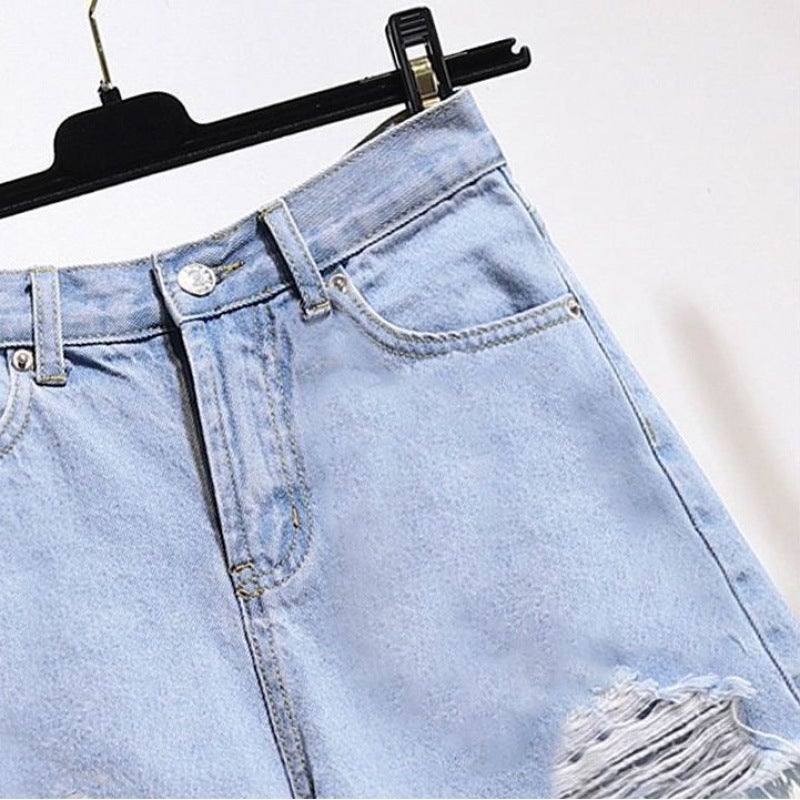 High-Waisted Ripped Denim Shorts For Women, Summer Student A-Line Shorts, Slimming Petite High-Waisted Wide-Leg Trendy Pants - Image 4