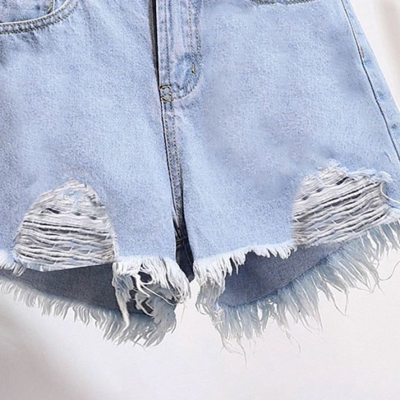 High-Waisted Ripped Denim Shorts For Women, Summer Student A-Line Shorts, Slimming Petite High-Waisted Wide-Leg Trendy Pants - Image 5