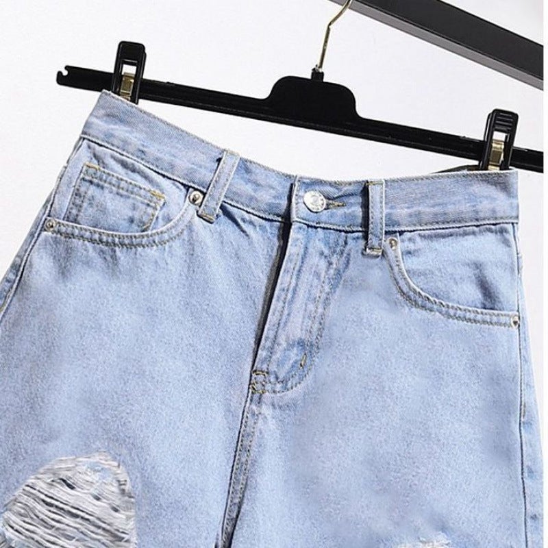 High-Waisted Ripped Denim Shorts For Women, Summer Student A-Line Shorts, Slimming Petite High-Waisted Wide-Leg Trendy Pants - Image 2