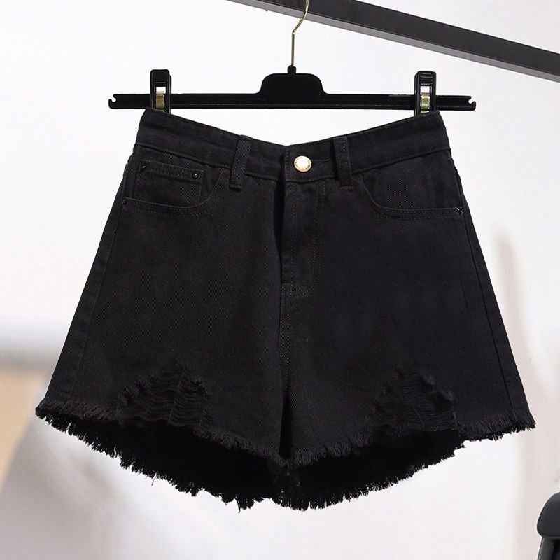 High-Waisted Ripped Denim Shorts For Women, Summer Student A-Line Shorts, Slimming Petite High-Waisted Wide-Leg Trendy Pants - Image 1