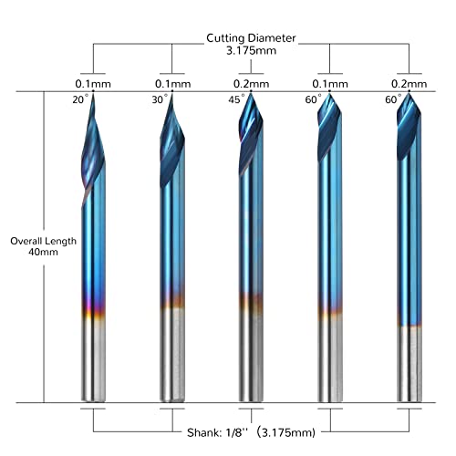Genmitsu 5PCS V-Groove CNC Router Bits, Degree 20/30/45/60, 1/8'' Shank Nano Blue Coating End Mills, for Wood Carving Milling, VG05B - Image 2