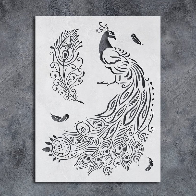 GSS Designs Peacock Stencil  Reusable Stencils for Painting on Wood Paper Scrapbook Album Fabric Wall 83x117  DIY Art Craft Peacock Feather Stencils Template