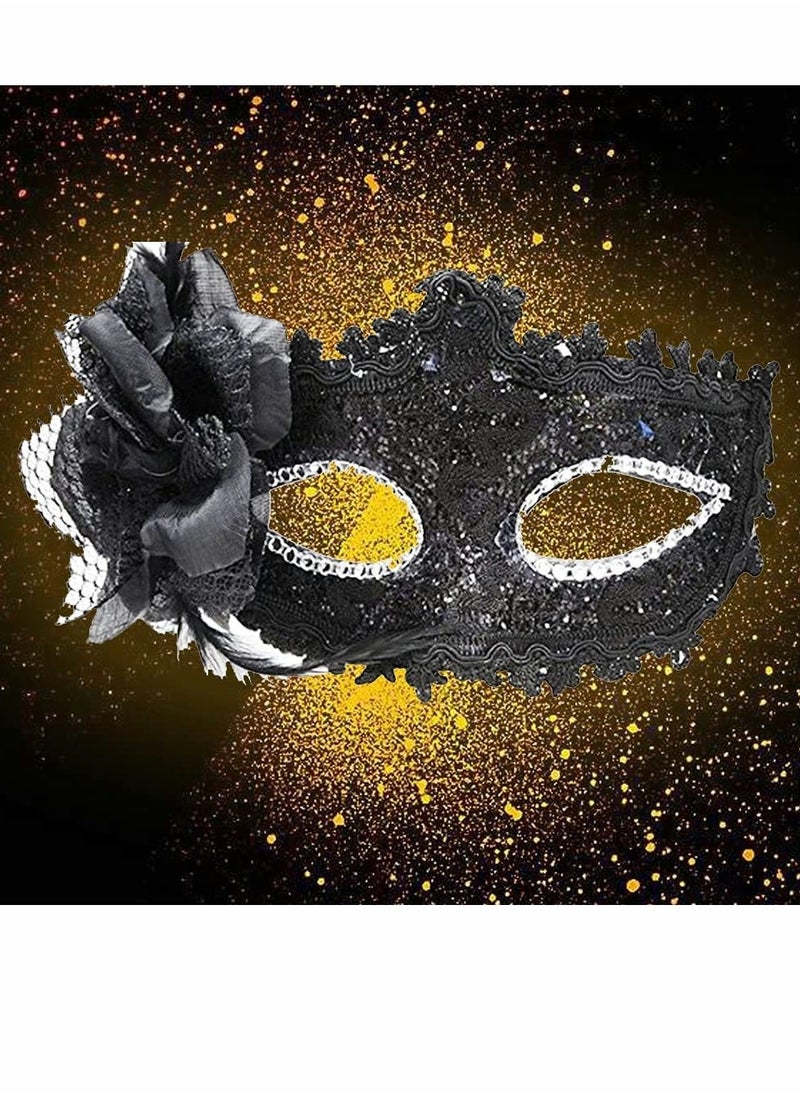 Couples Mardi Gras Venetian Masquerade Masks Set, Side flower Mask and Painted Pattern Half Face Dress Up Mask, Party Costume Accessory (Black)  - Image 3