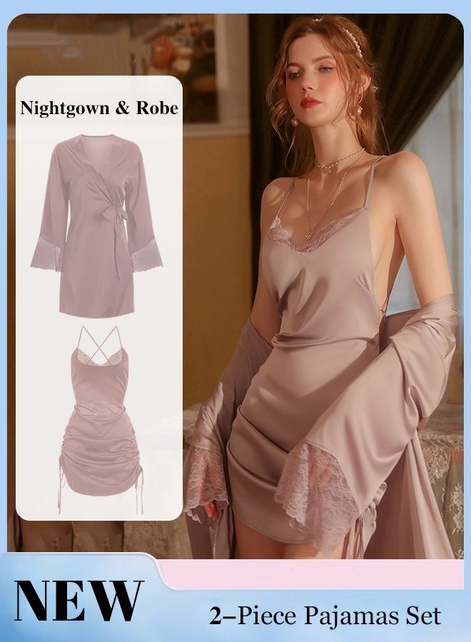 NIBEMINENT 2-Piece Set of Women Pajamas with V-Neck Design Home Wear Same Color Outer Robe and Lace Element Nightgown - Image 1