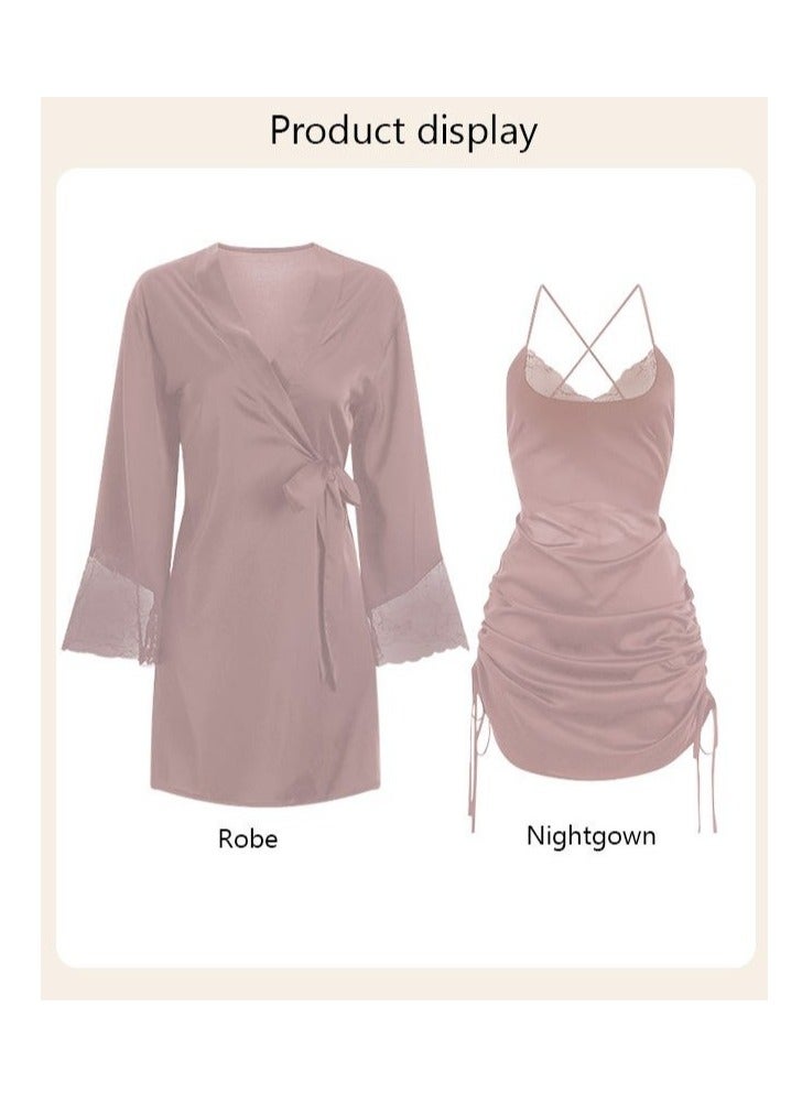 NIBEMINENT 2-Piece Set of Women Pajamas with V-Neck Design Home Wear Same Color Outer Robe and Lace Element Nightgown - Image 5