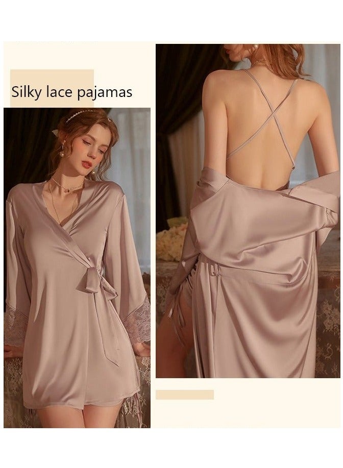 NIBEMINENT 2-Piece Set of Women Pajamas with V-Neck Design Home Wear Same Color Outer Robe and Lace Element Nightgown - Image 4