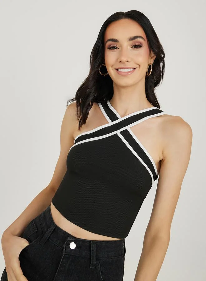 Take Two Ribbed Crisscross Halter Neck Crop Cami