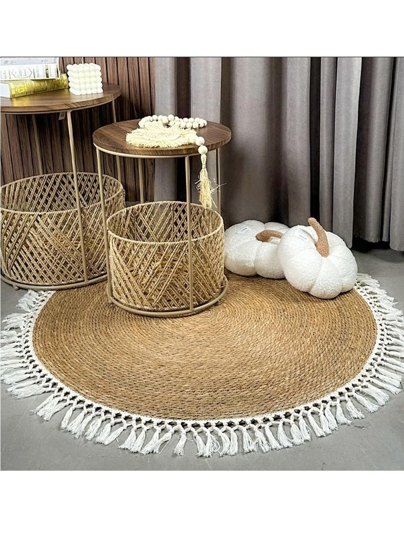 𝐅𝐅𝐃 Reversible Jute Rug - 80x80cm, 100x100cm, 120x120cm - Boho Farmhouse Rug with White Border - Vintage Style Non-Slip Natural Fiber Rug for Living Room, Bedroom, Kitchen - Eco-Friendly Home Decor" - Image 1