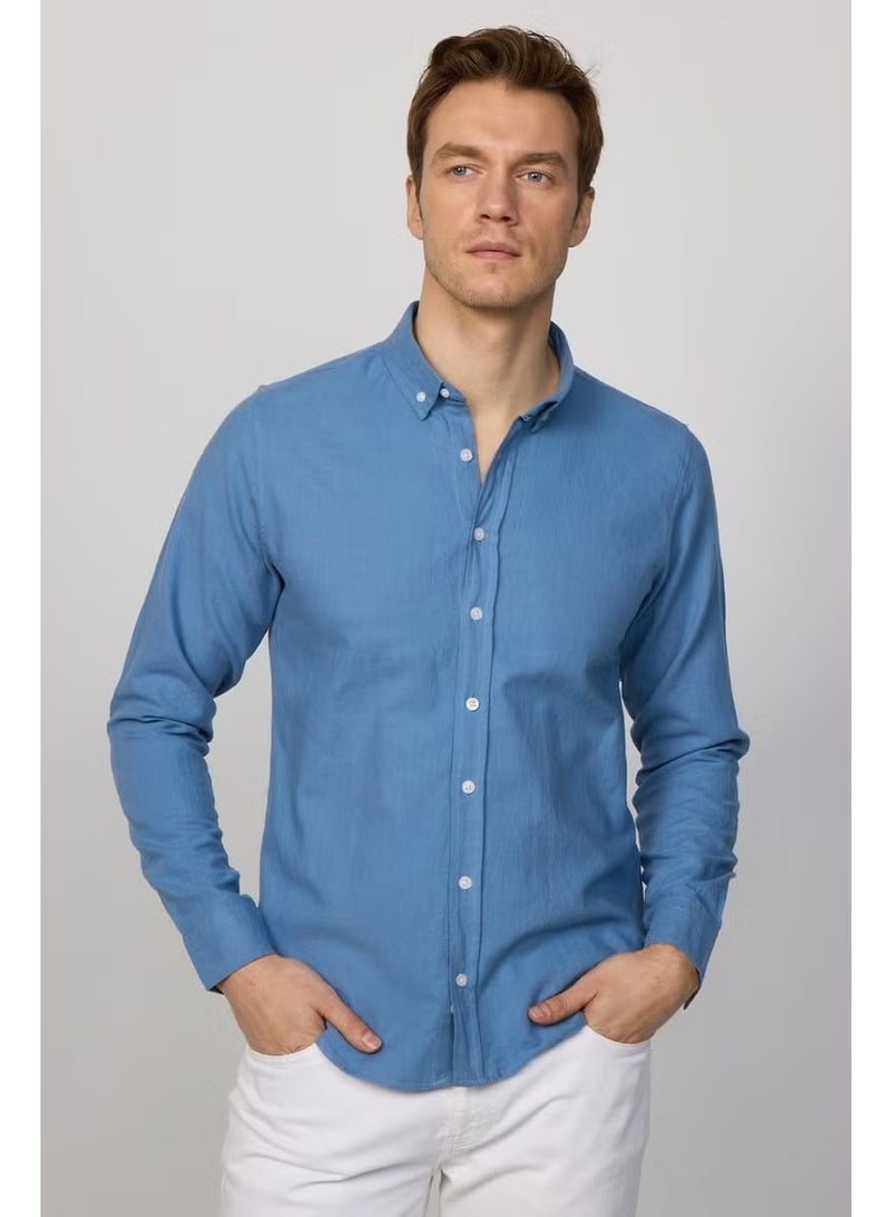Tudors Slim Fit Long Sleeve Buttoned Collar Linen Indigo Men's Shirt - Image 1