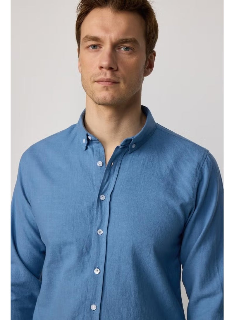 Tudors Slim Fit Long Sleeve Buttoned Collar Linen Indigo Men's Shirt - Image 2