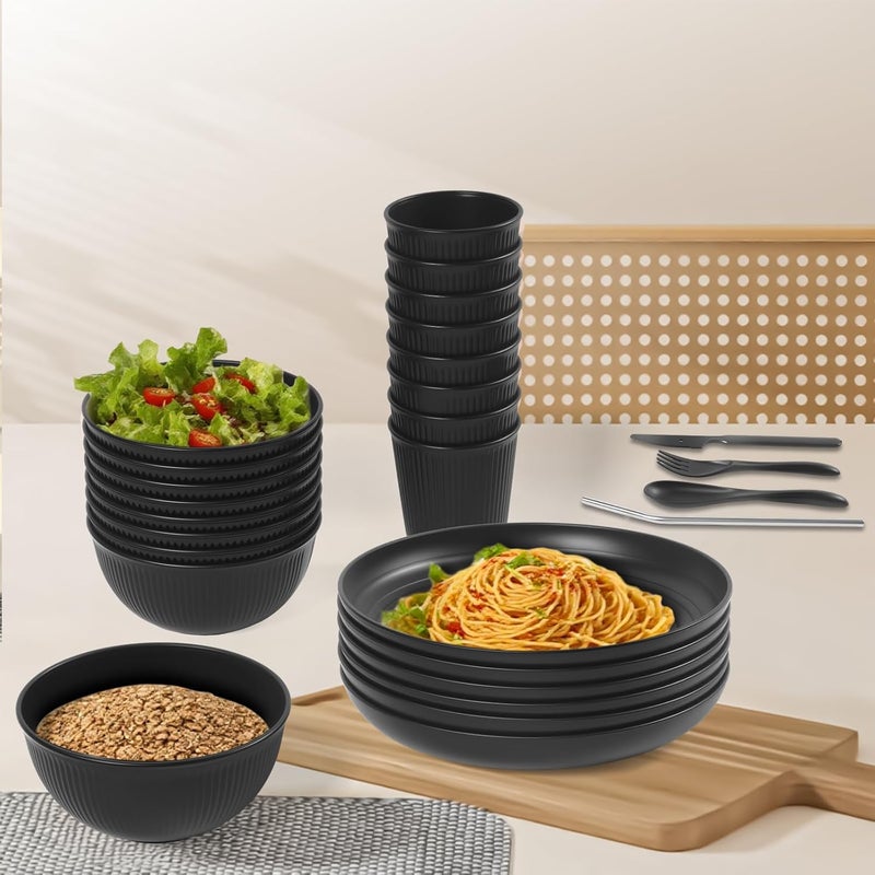 Dotpilgo 64PCS Wheat Straw Dinnerware Set BPA Free Unbreakable Reusable Dinnerware Set Kitchen Cups Plates and Bowls Sets Dishwasher Microwave Safe Plates - Image 3