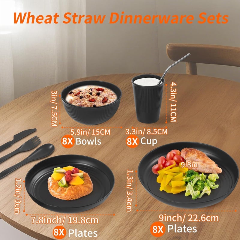 Dotpilgo 64PCS Wheat Straw Dinnerware Set BPA Free Unbreakable Reusable Dinnerware Set Kitchen Cups Plates and Bowls Sets Dishwasher Microwave Safe Plates - Image 2