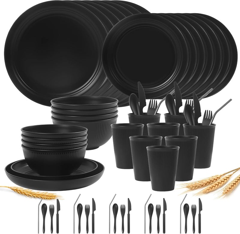 Dotpilgo 64PCS Wheat Straw Dinnerware Set BPA Free Unbreakable Reusable Dinnerware Set Kitchen Cups Plates and Bowls Sets Dishwasher Microwave Safe Plates - Image 1