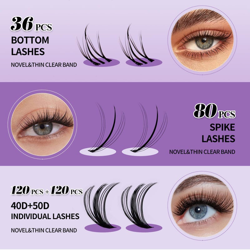 WENDY LASHES DIY Lash Extension Kit Lash Clusters With Bottom Lashes 20/30/40/50D 12-18mm Multi-types Individual Lashes Bond and Seal, Spike, Nature Volume Lashes Kit Lash Applicator(40/50 Kit) - Image 3