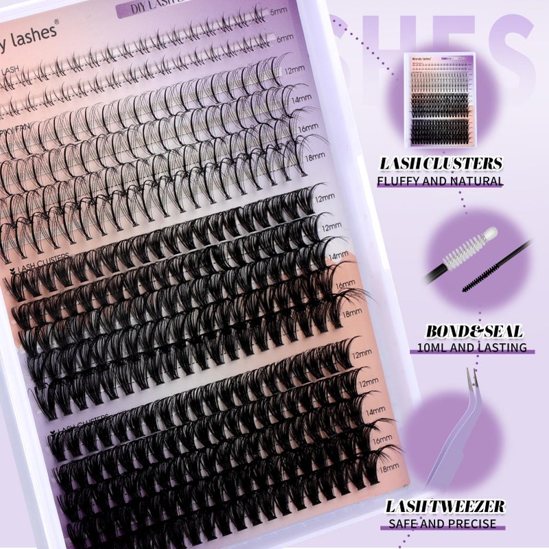 WENDY LASHES DIY Lash Extension Kit Lash Clusters With Bottom Lashes 20/30/40/50D 12-18mm Multi-types Individual Lashes Bond and Seal, Spike, Nature Volume Lashes Kit Lash Applicator(40/50 Kit) - Image 2