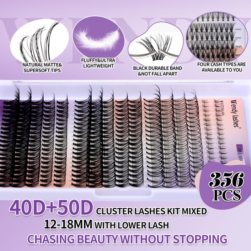 WENDY LASHES DIY Lash Extension Kit Lash Clusters With Bottom Lashes 20/30/40/50D 12-18mm Multi-types Individual Lashes Bond and Seal, Spike, Nature Volume Lashes Kit Lash Applicator(40/50 Kit) - Image 4