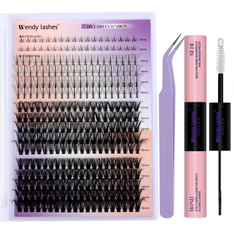 WENDY LASHES DIY Lash Extension Kit Lash Clusters With Bottom Lashes 20/30/40/50D 12-18mm Multi-types Individual Lashes Bond and Seal, Spike, Nature Volume Lashes Kit Lash Applicator(40/50 Kit) - Image 1