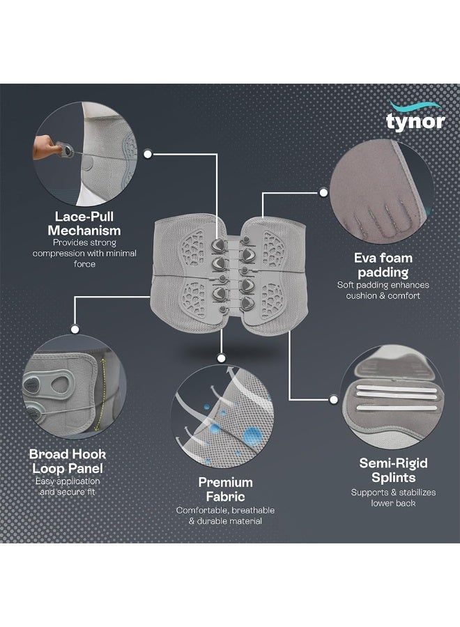 تاينور حزام TYNOR Lacepull L.S. لدعم أسفل الظهر | دعامة قابلة للتعديل للعمود الفقري القطني لتصحيح القوام (للرجال والنساء) | للاستخدام اليومي، وتخفيف الألم، والمساعدة على التعافي | (رمادي، مقاس XL/Large) - Image 2