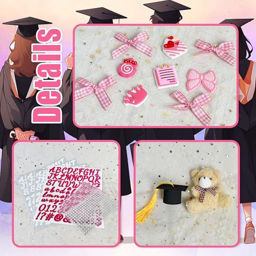 ZXSWEET زكسويت زينة قبعة التخرج DIY تشمل زهور صناعية، أقواس، دب، فراشة، لؤلؤ، ملصقات، ملصقات أرقام وحروف، ورق لامع لزينة القبعة - Image 3