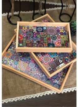 3-Piece Wooden Tile Pattern Serving Presentation Tray Dowry Tray Set