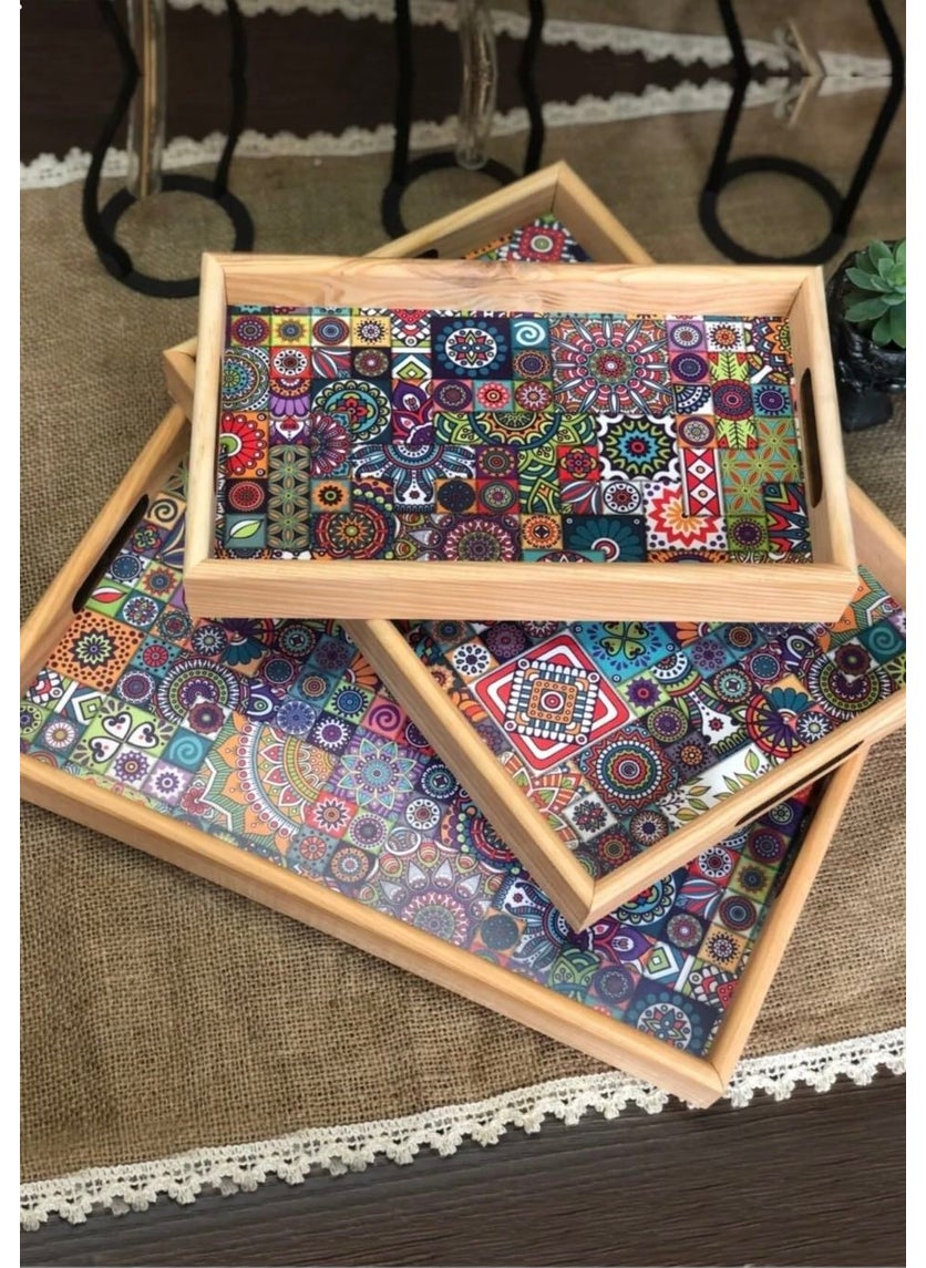 Kitchen Pembelia 3-Piece Wooden Tile Pattern Serving Presentation Tray Dowry Tray Set  - Image 1