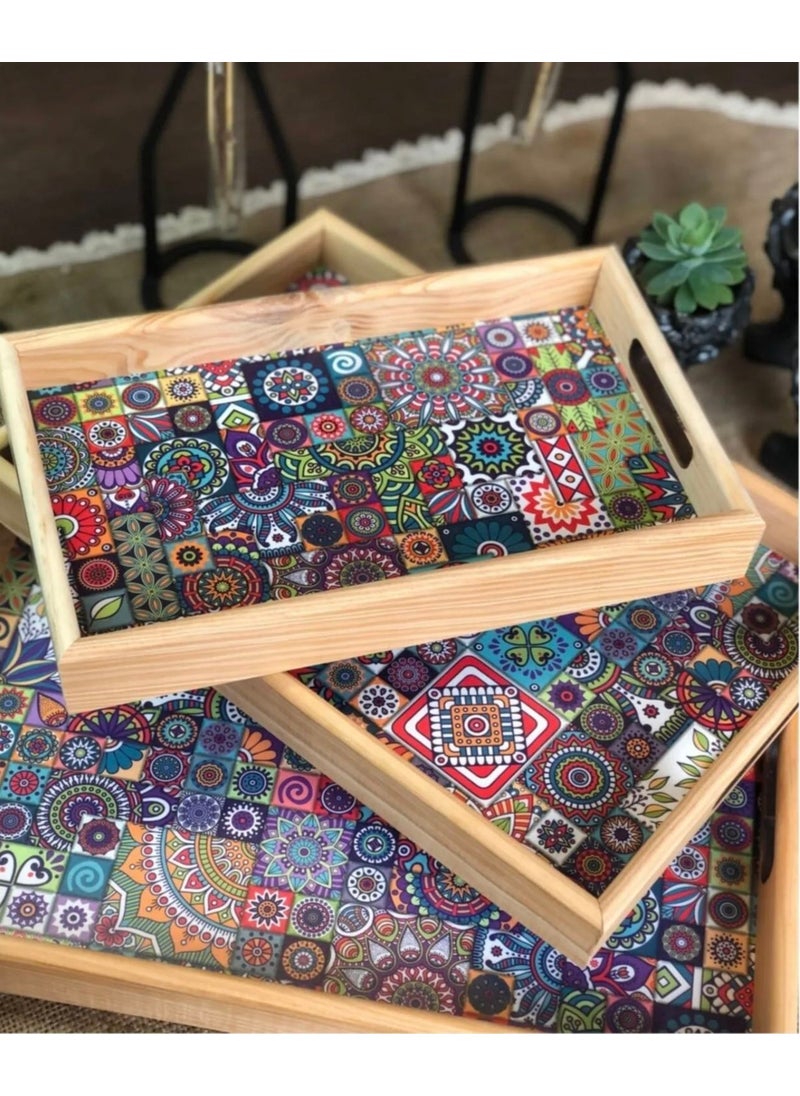 Kitchen Pembelia 3-Piece Wooden Tile Pattern Serving Presentation Tray Dowry Tray Set  - Image 3